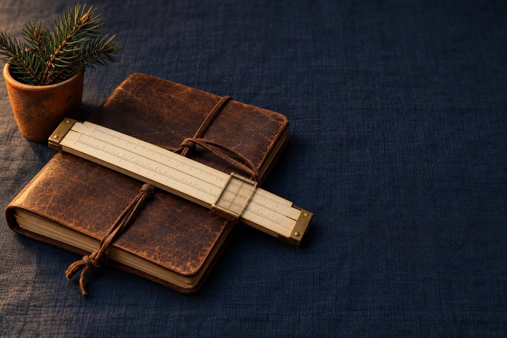 A worn leather notebook, a slide rule and an evergreen sprig on navy linen
