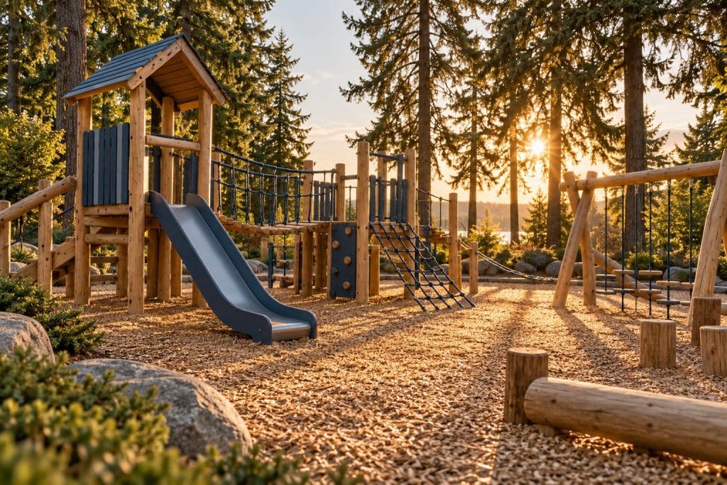 A timber community playground in a park at golden hour