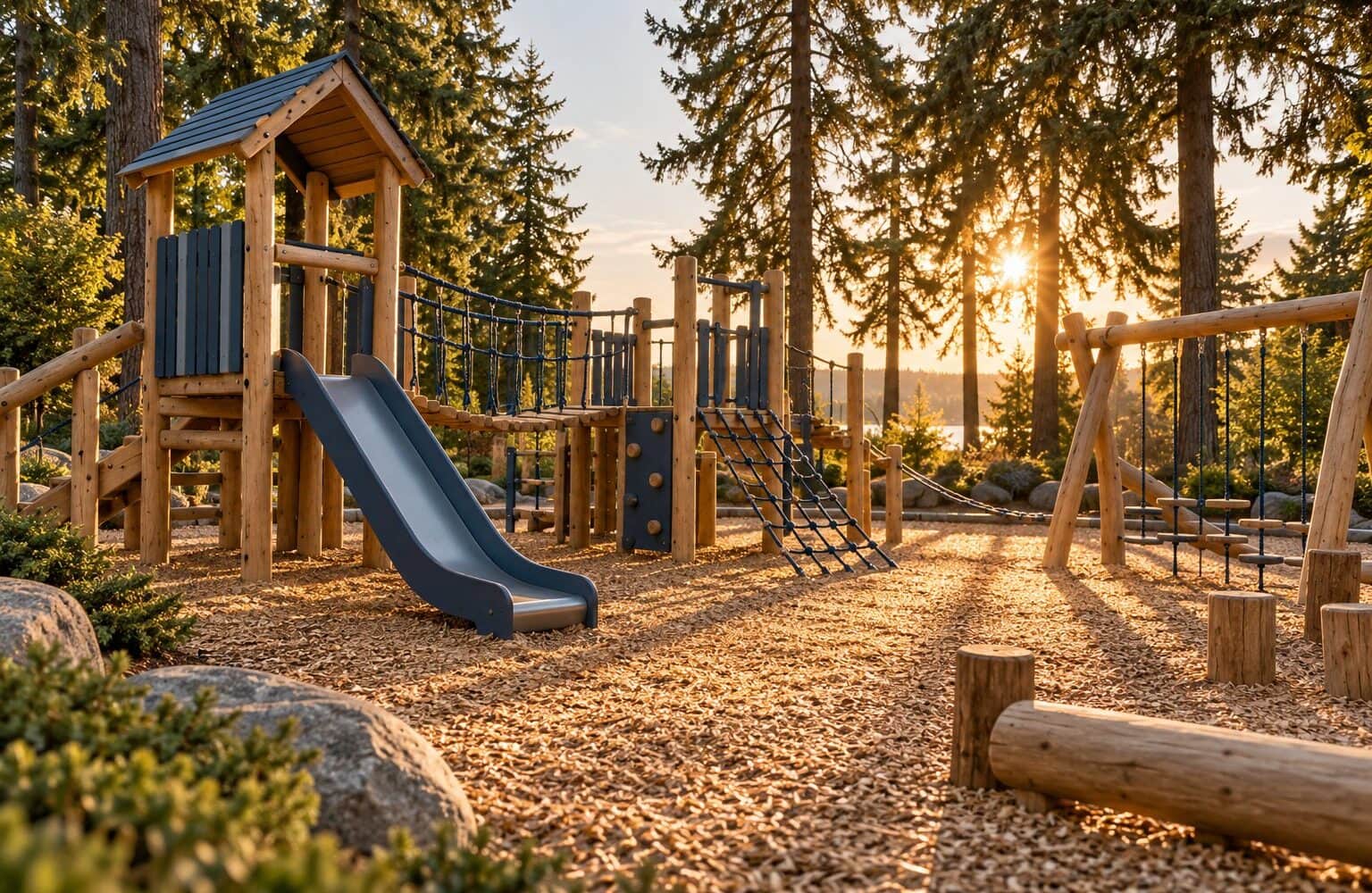 A timber community playground in a park at golden hour