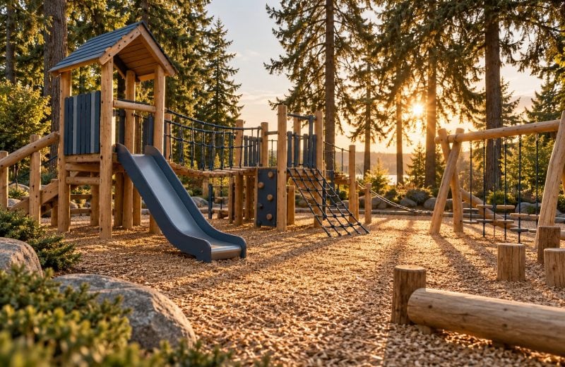 A timber community playground in a park at golden hour