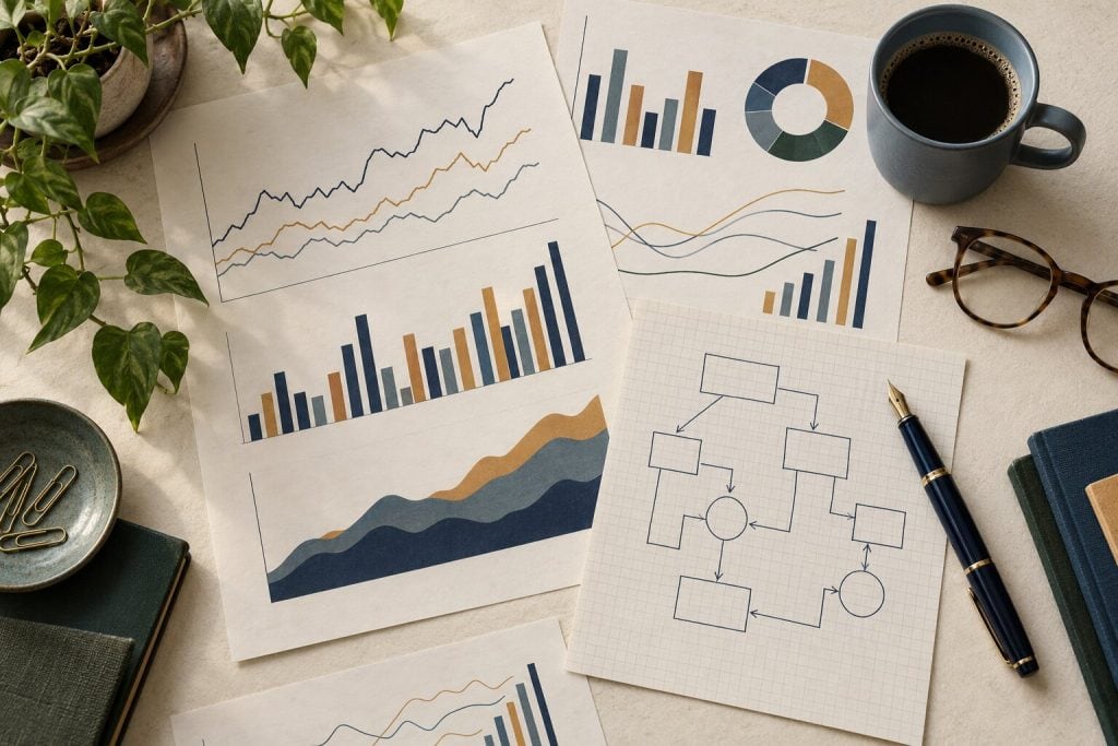 Abstract charts, graph-paper system sketches and a fountain pen on a cream desk