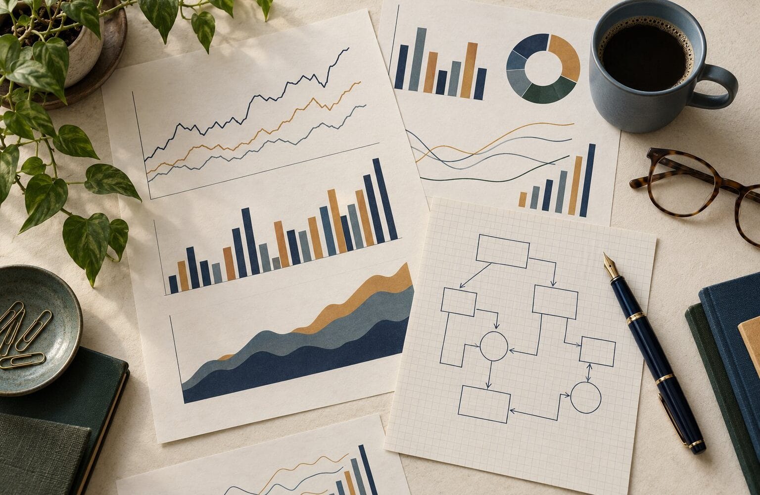 Abstract charts, graph-paper system sketches and a fountain pen on a cream desk