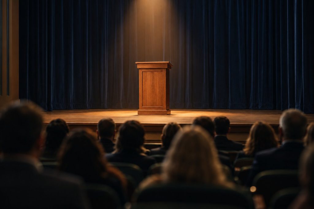 An empty wooden lectern under a warm spotlight, seen from the back of a full hall