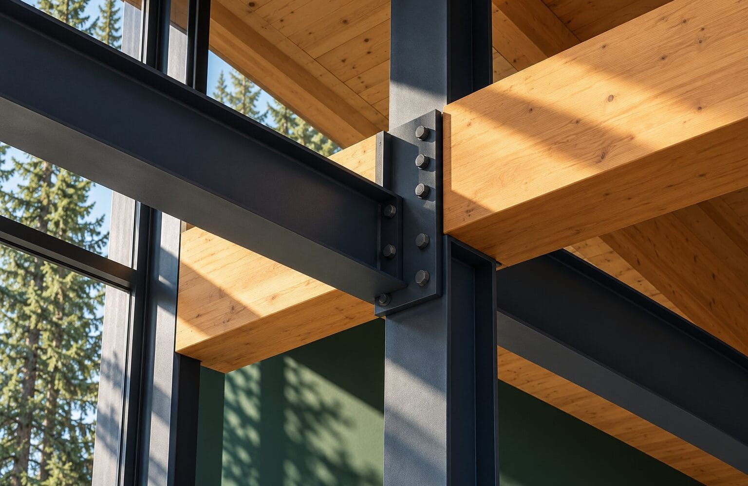 Steel beams meeting warm timber in a modern workspace